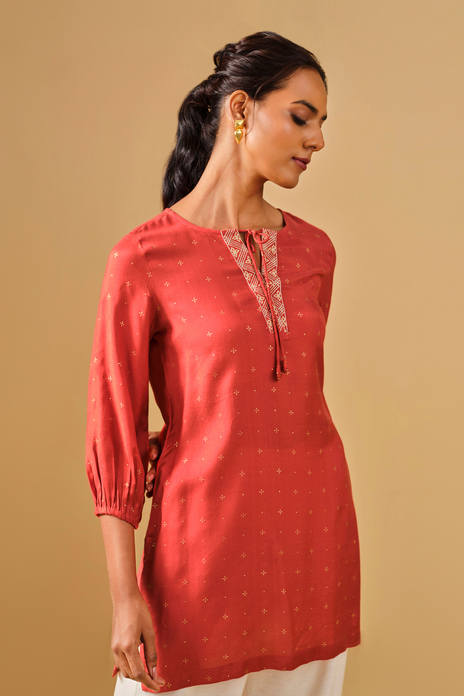 Embroidered Viscose Rust Tunic, Rust, image 3